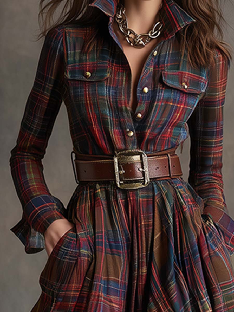 Ladies Classic Checked Long Sleeve Maxi Dress