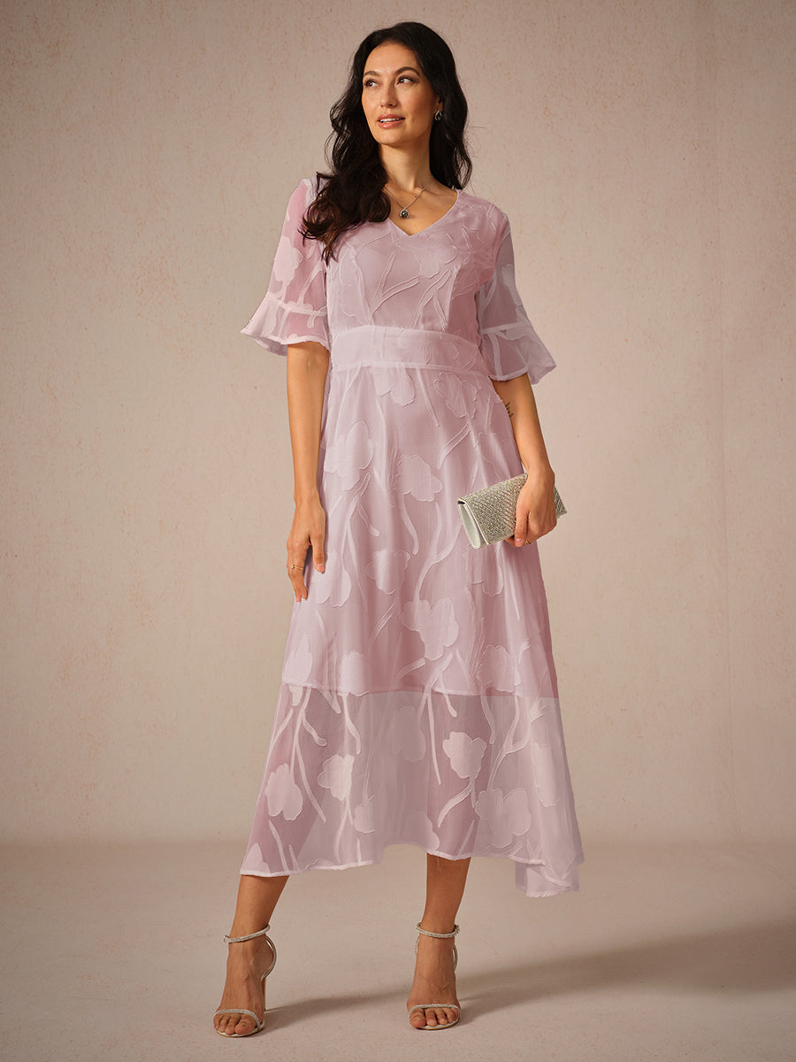 Women's Midi Dress Flutter Sleeves Lace Detailing