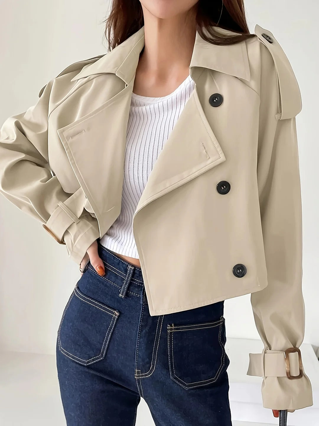 Women's Short Trench Coat Casual Water-Resistant Beige