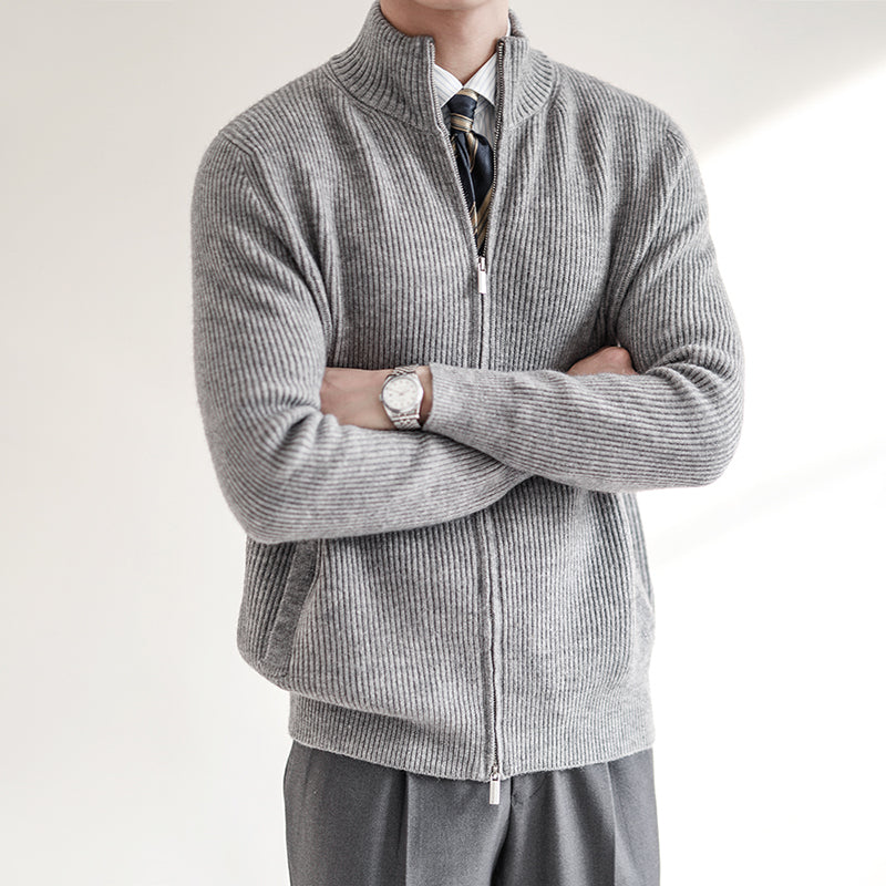 Men's Slim Fit Zip Cardigan Ribbed Knit Stand Collar Black