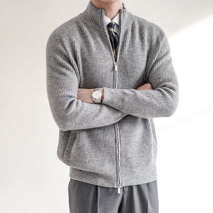 Men's Slim Fit Zip Cardigan Ribbed Knit Stand Collar Black