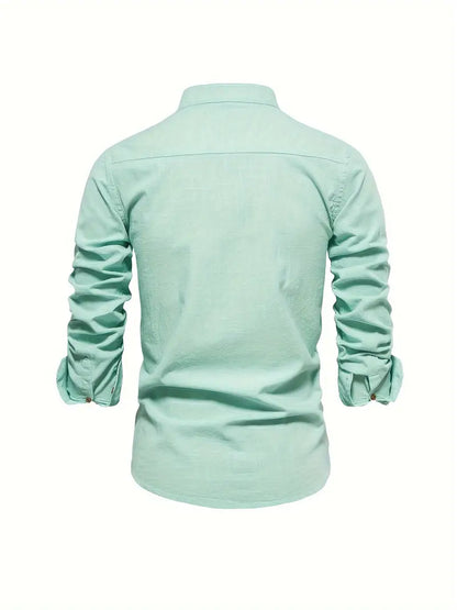 Men's Long Sleeve Button Shirt Band Collar White