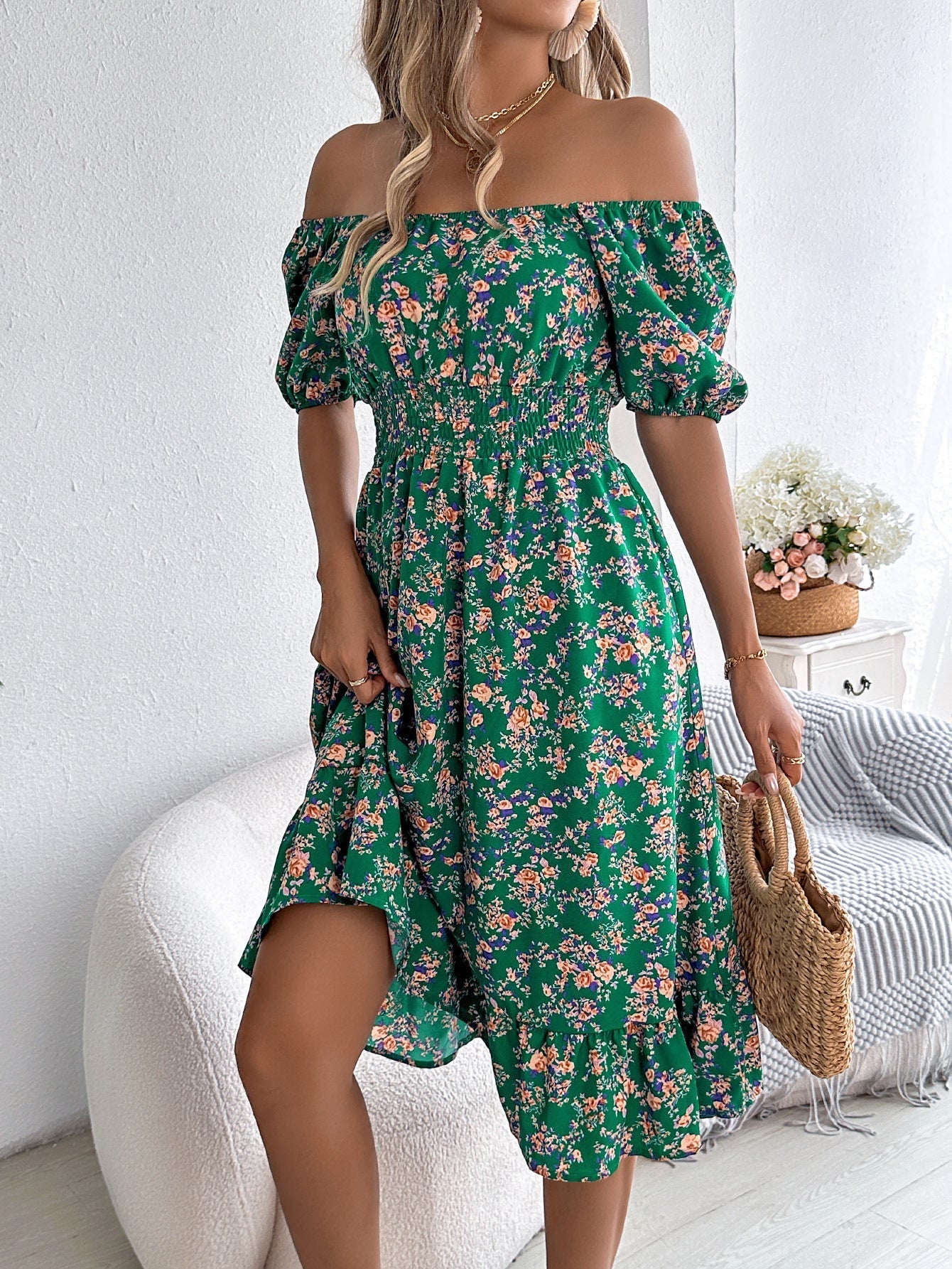Women's Floral Ruffle Dress Square Neck High Waist