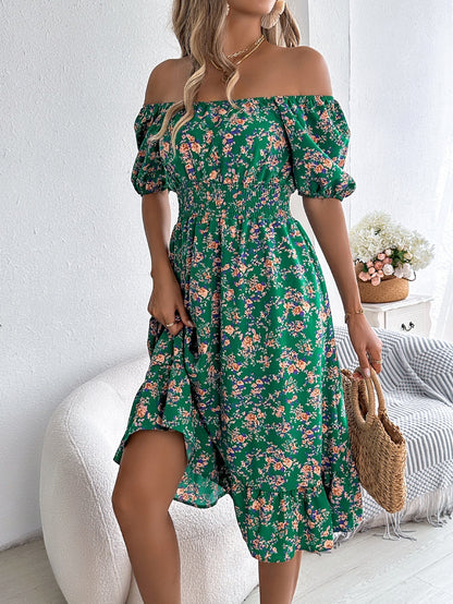 Women's Floral Ruffle Dress Square Neck High Waist