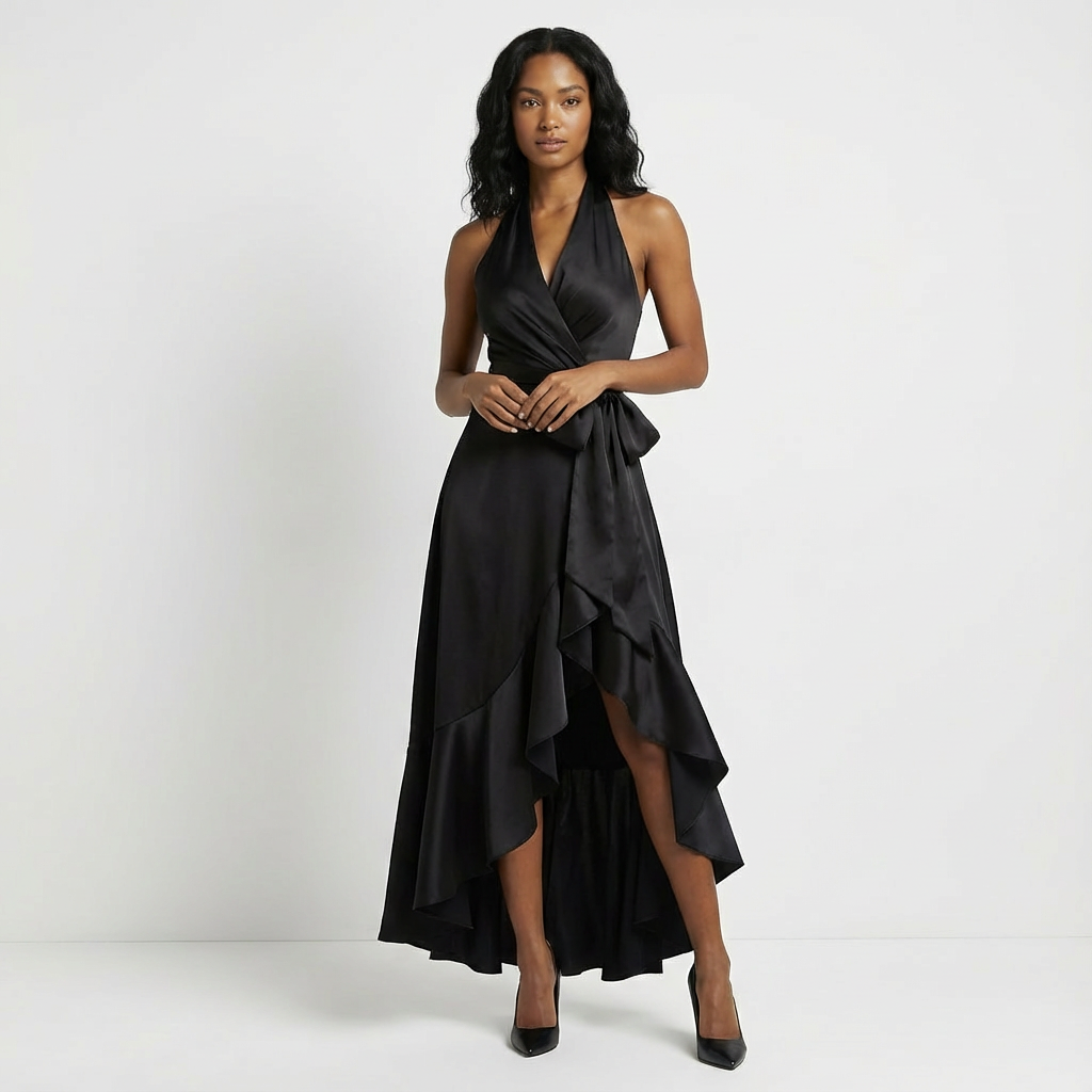 Women's Satin Maxi Dress Halter Neck Ruffled Hem