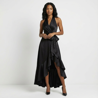 Women's Satin Maxi Dress Halter Neck Ruffled Hem