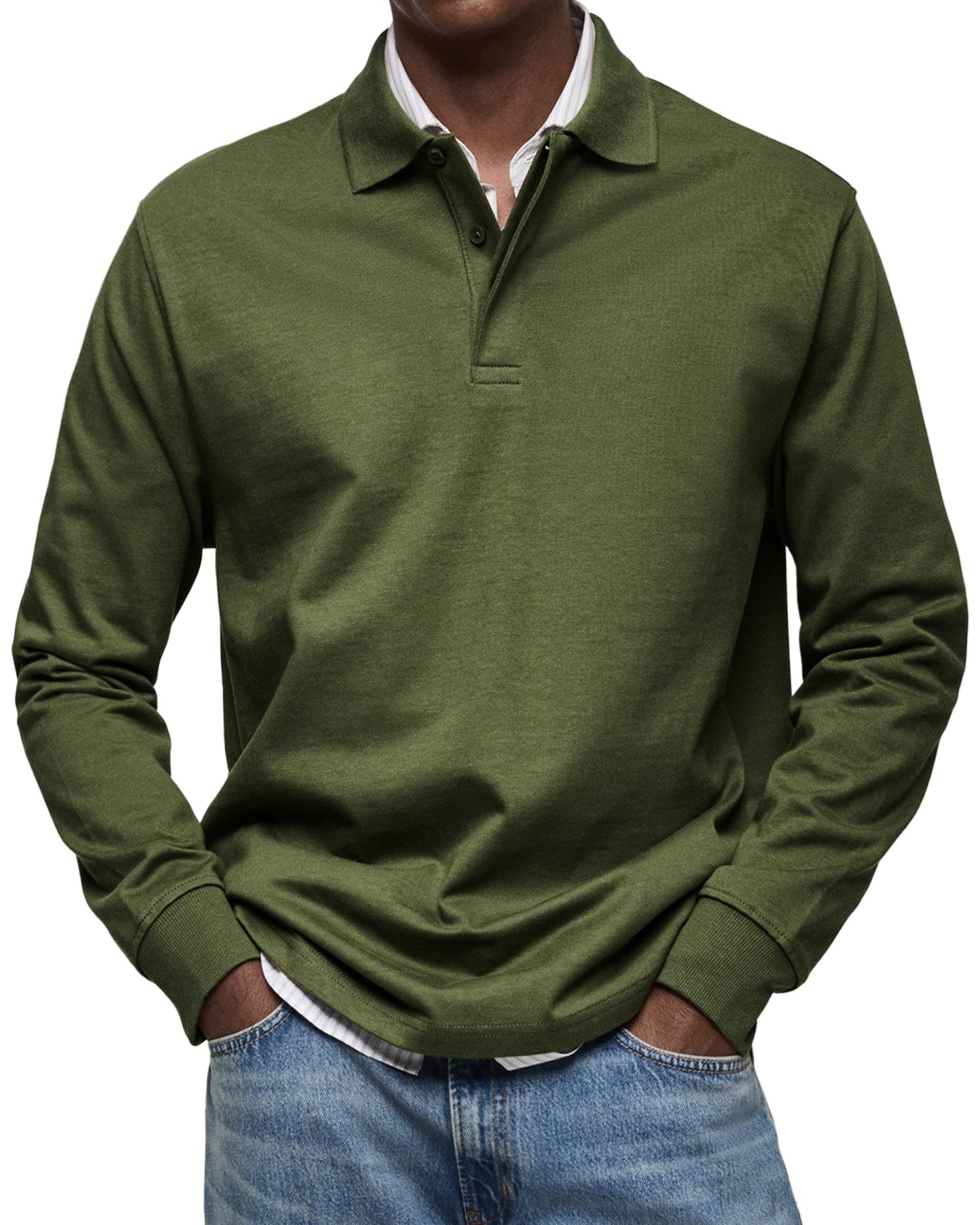 Men's Polo Shirt Long-Sleeve Button Placket Collar