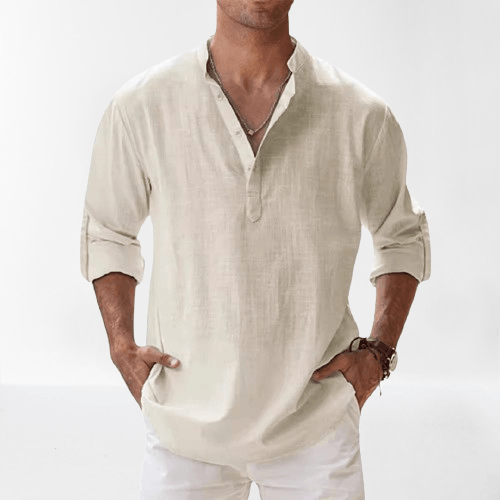 Men's Linen Blend Henley Shirt Long Sleeve Casual Beige