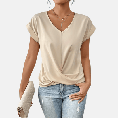 Women's V-Neck Blouse Draped Hem - VibreMode