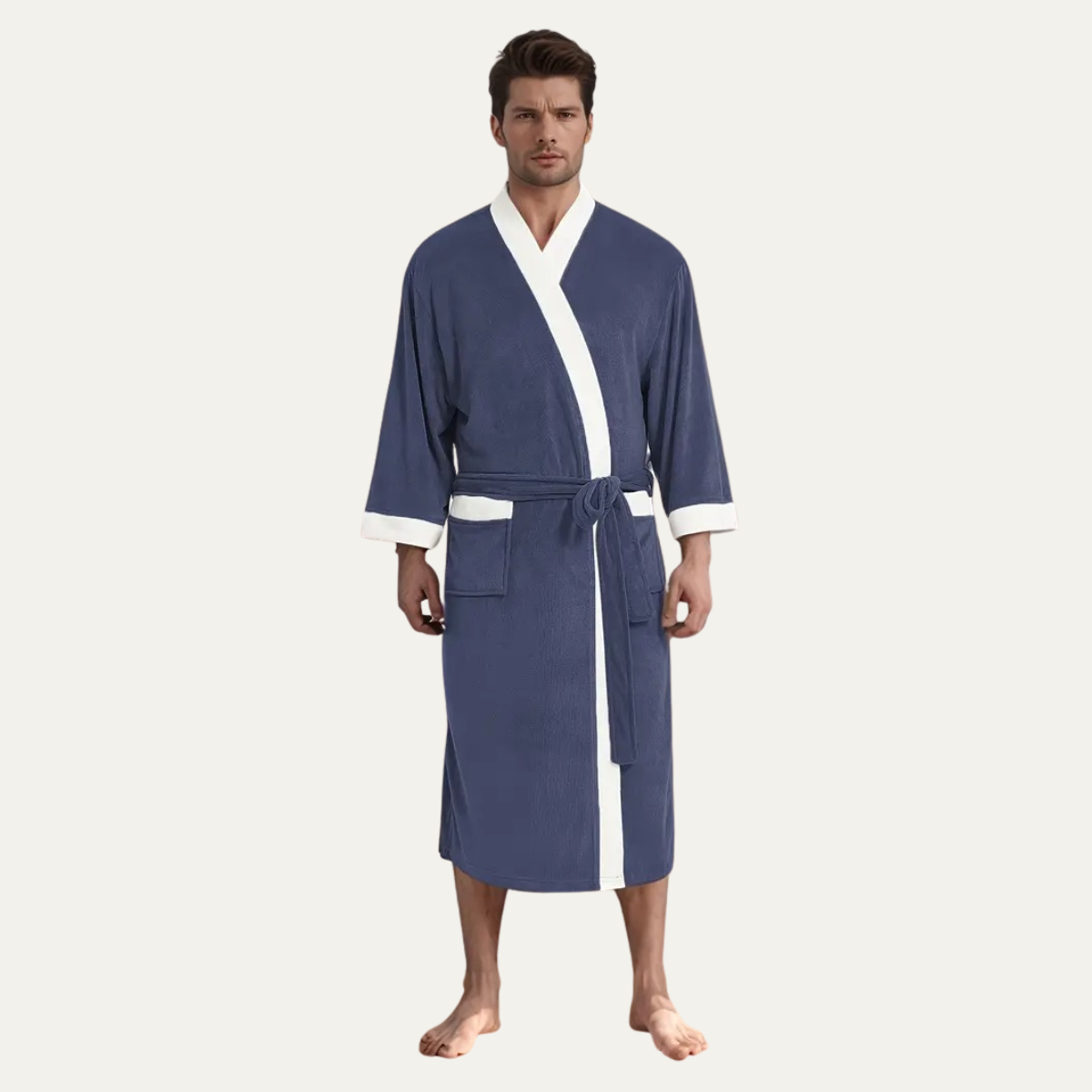 Men's Lightweight Spa Bathrobe Kimono Soft Cotton Beige