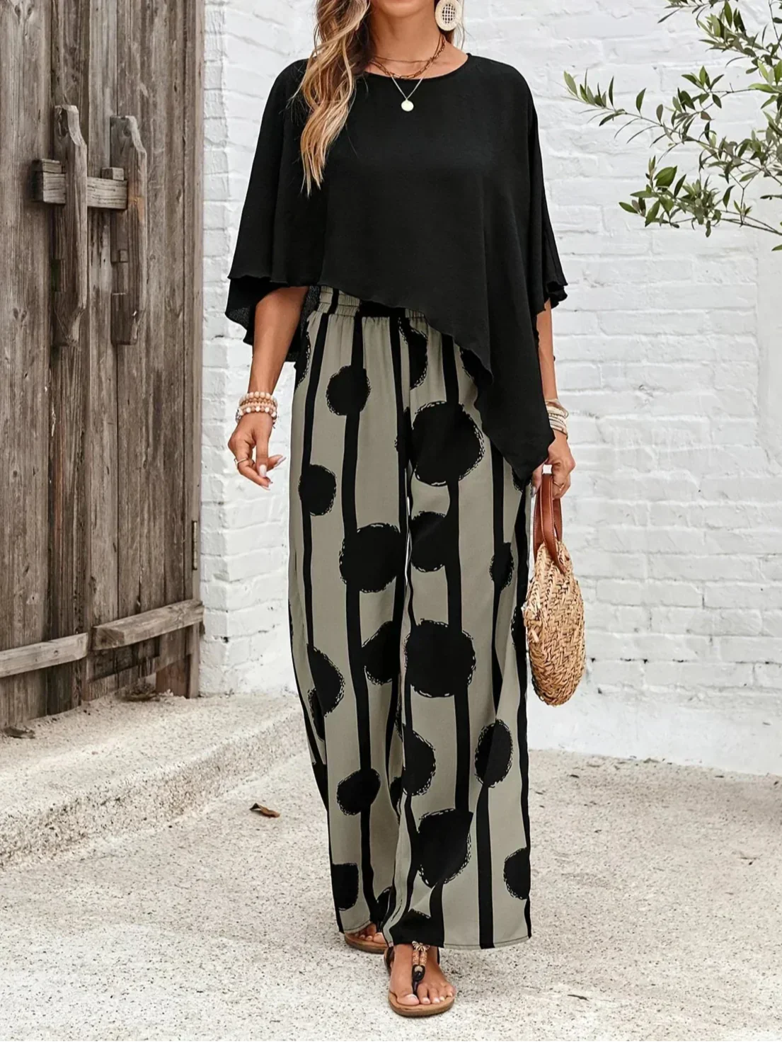 Casual 2 Piece Set Flowy Top and Wide Leg Pants