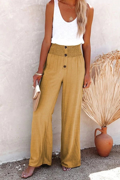 Women's Wide Leg High Waisted Pants Smocked Waist White
