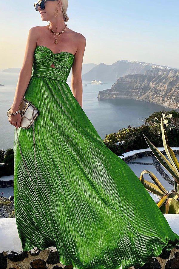 Strapless A-Line Evening Gown Metallic Pleated Design