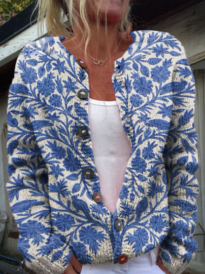Women's Floral Cardigan Sweater Crew Neck Button Closure - VibreMode