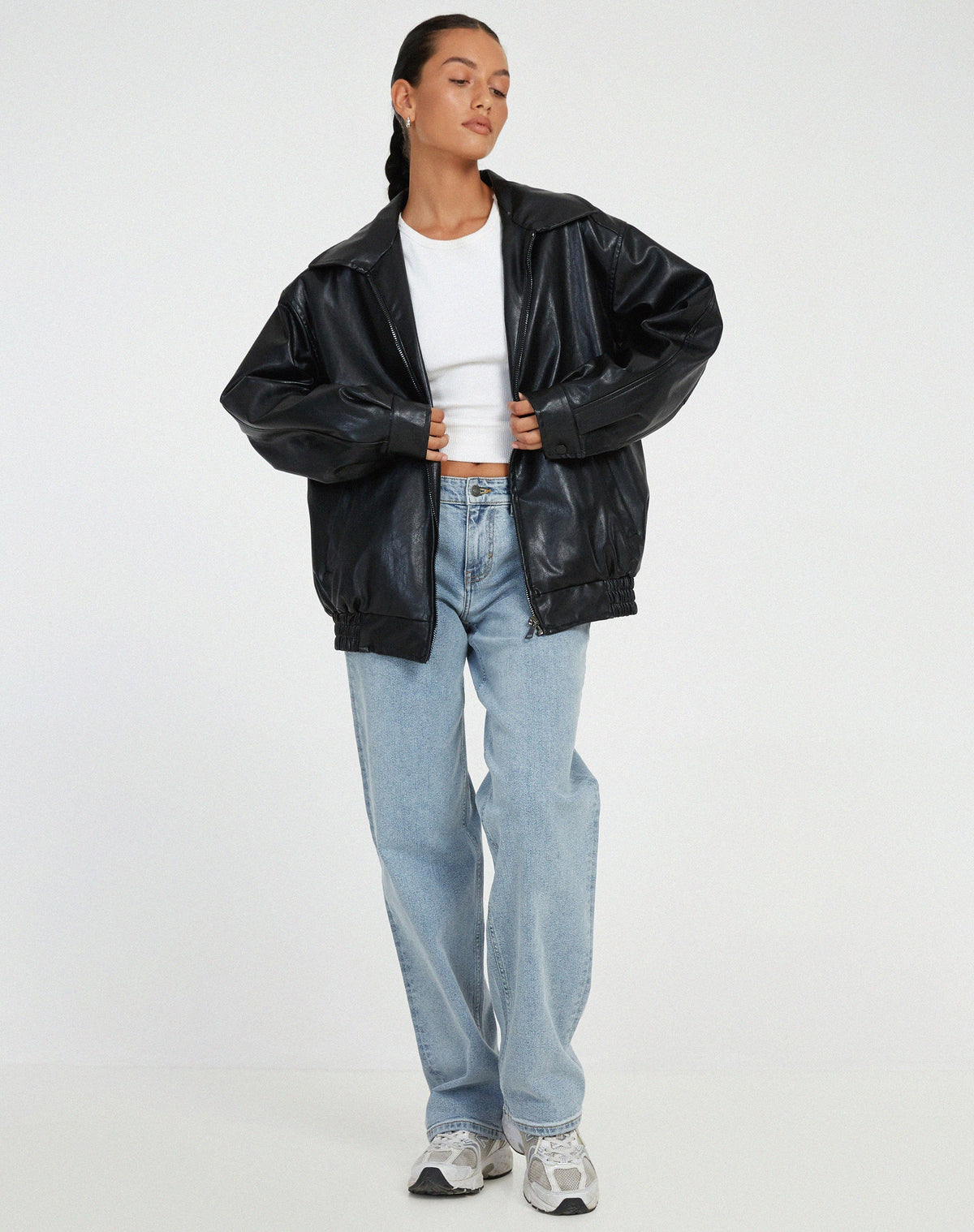 Women's Leather Zip-Up Jacket High Collar Relaxed Fit Black