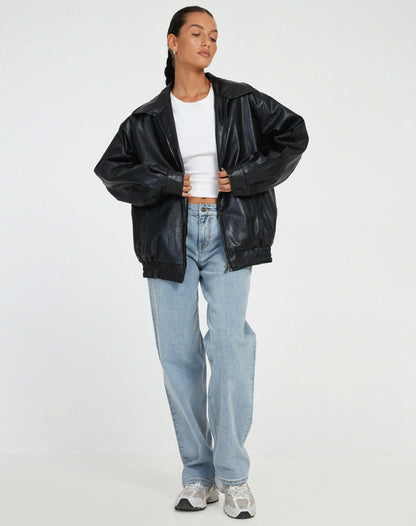 Women's Leather Oversized Jacket Black
