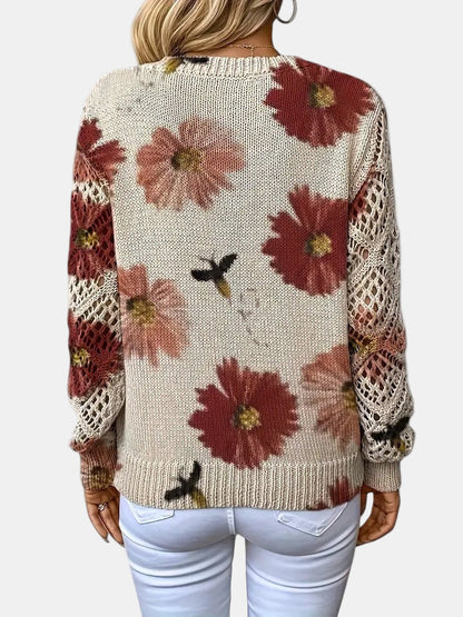 Women's V-Neck Sweater Floral Knit Pattern