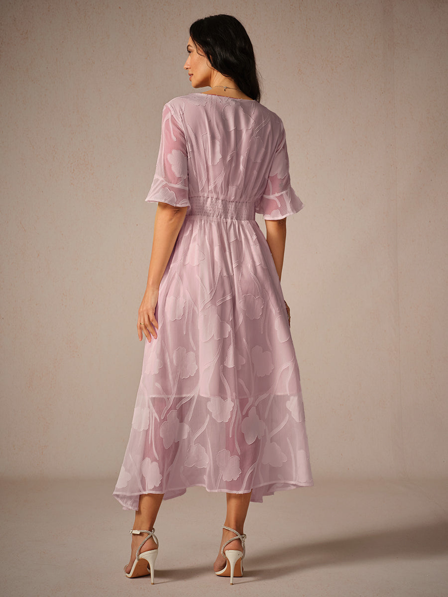 Women's Midi Dress Flutter Sleeves Lace Detailing