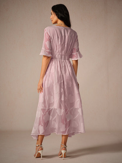 Women's Midi Dress Flutter Sleeves Lace Detailing