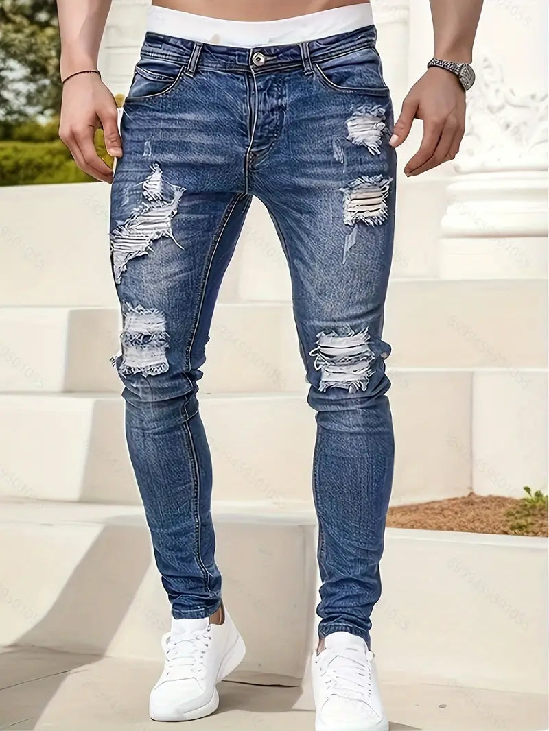 Men's Ripped Skinny Jeans Distressed Denim Dark Blue