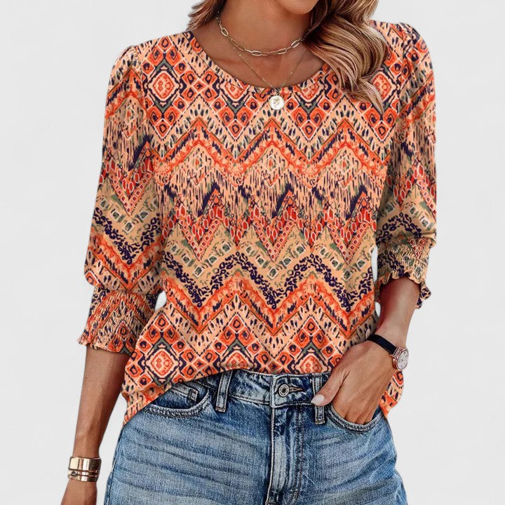 Women's Crew Neck Smocked 3/4 Sleeve