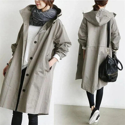 Women's Hooded Trench Coat Waterproof Cotton Long