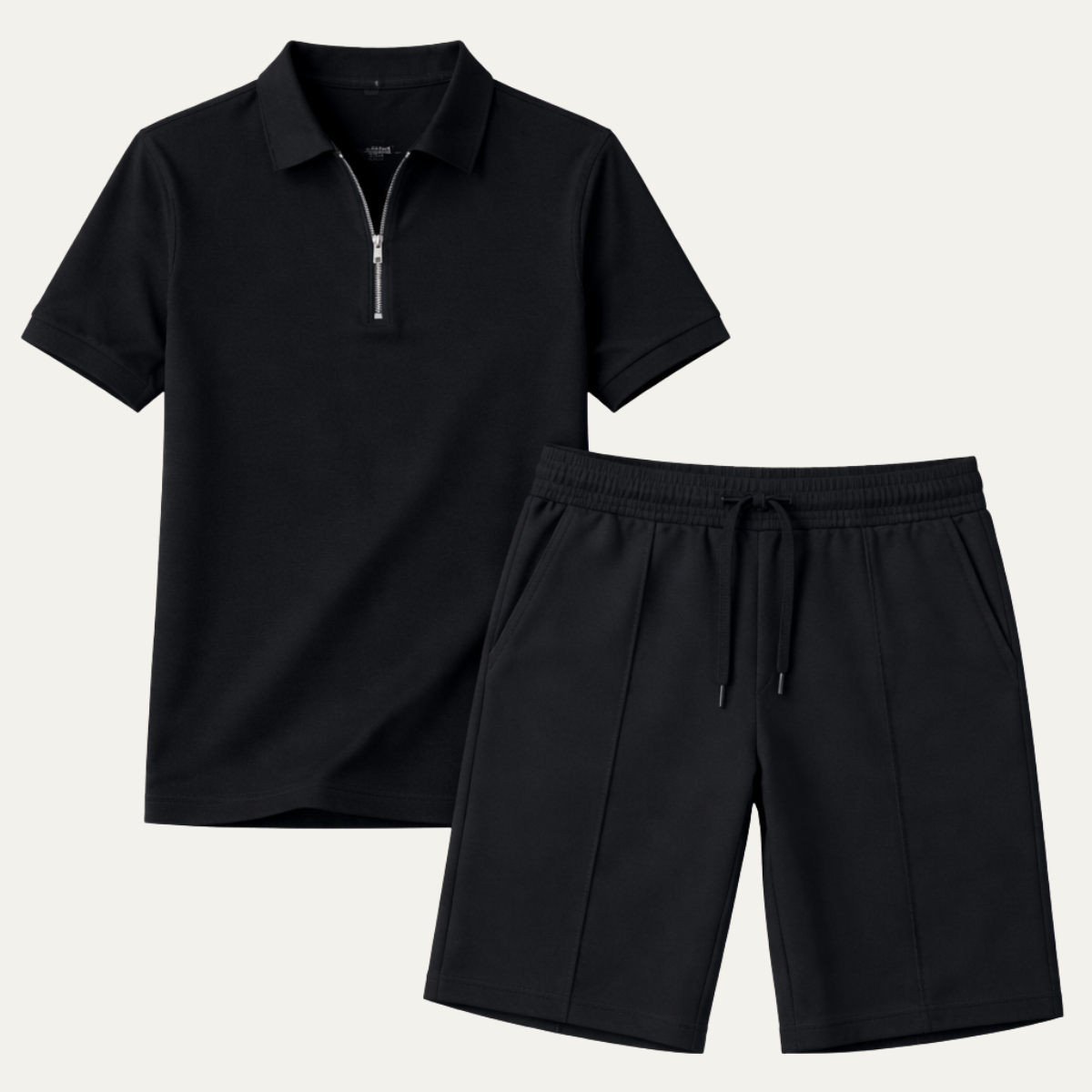 Men's Polo Shirt Shorts Set Black Cotton - VibreMode