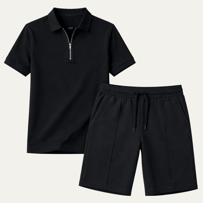 Men's Polo Shirt Shorts Set Black Cotton - VibreMode