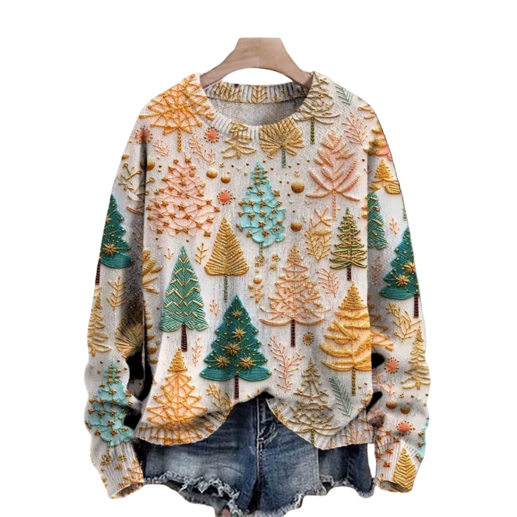 Women's Knit Sweater Tree Pattern Round Neck