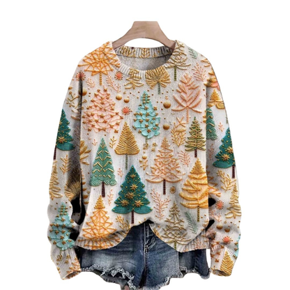 Women's Knit Sweater Tree Pattern Round Neck