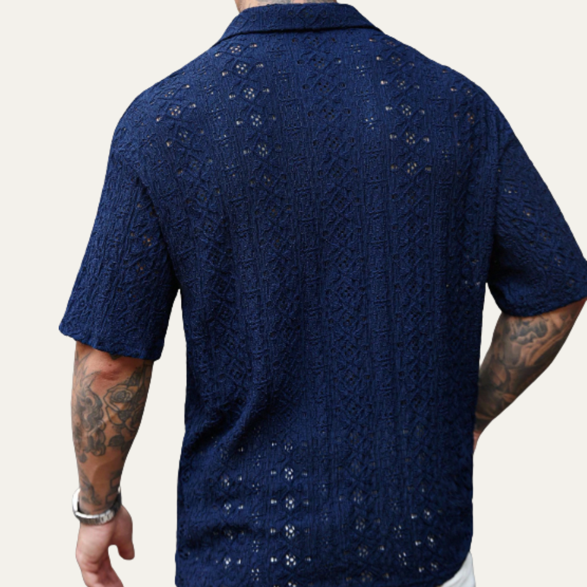 Men's Linen Shirt Crochet Mesh Navy Blue