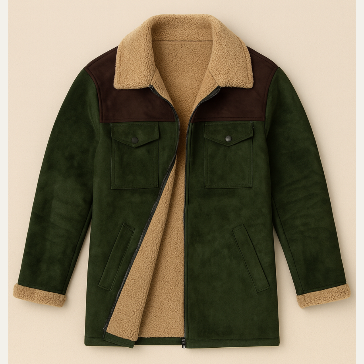 Men's Suede Fleece Lined Winter Jacket with Pockets - VibreMode