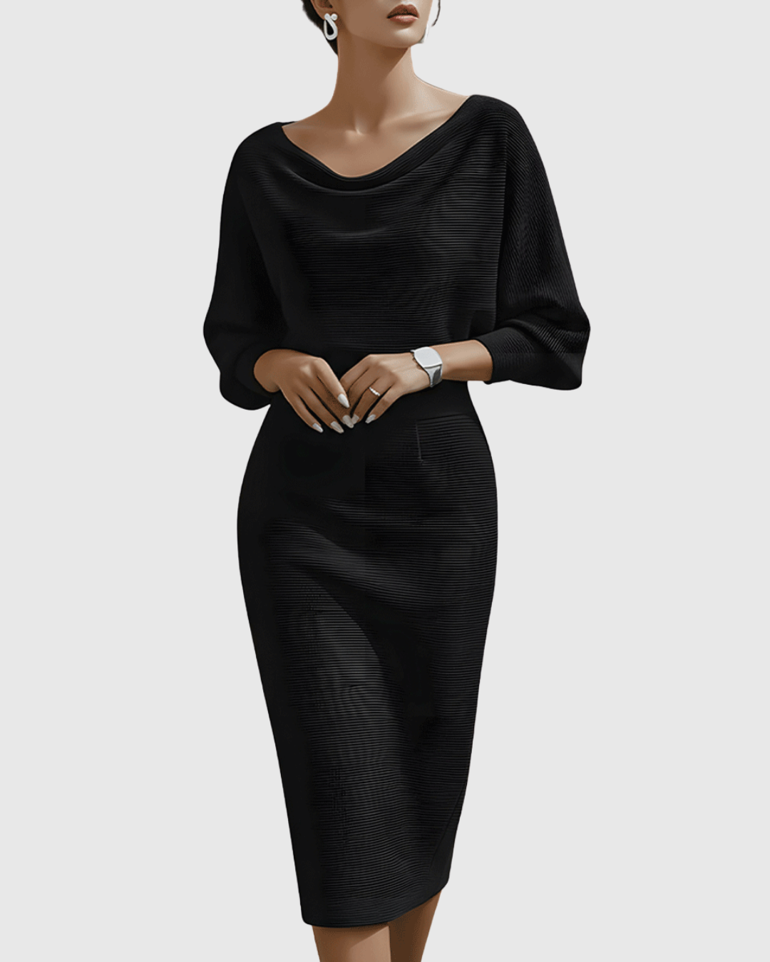 Vivienne Women's Ribbed Midi Dress Cowl Neck Batwing Sleeves - VibreMode