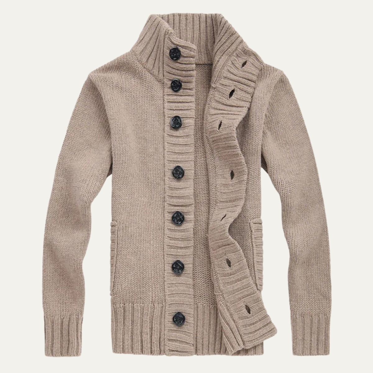 Men's Chunky Knit Cardigan High Neck Button Up Wool Grey