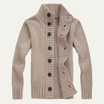 Men's Chunky Knit Cardigan High Neck Button Up Wool Grey