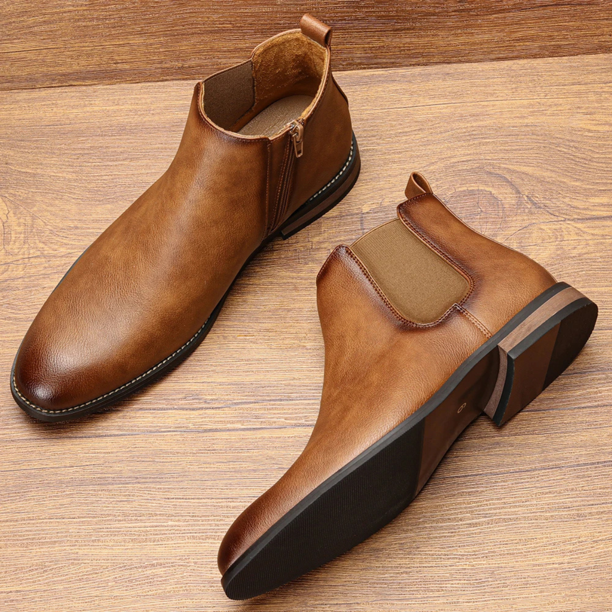 Men's Chelsea Leather Ankle Boots Elastic Sides Brown
