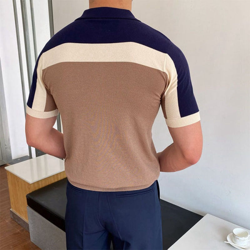 Men's Short Sleeve Polo Shirt Color Block Cotton