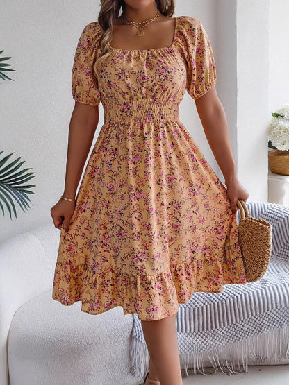 Women's Floral Ruffle Dress Square Neck High Waist