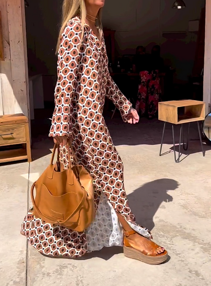 Trendy Abstract Print Side Slit Long Sleeve Dress - VibreMode