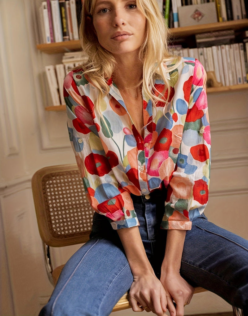 Women's Floral Print Button-Up Shirt - VibreMode