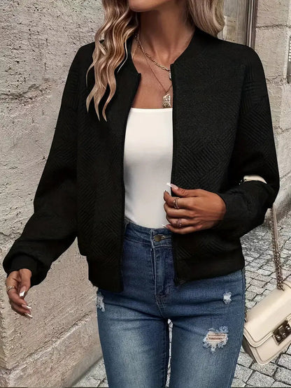 Women's Zip-Up Cardigan Ribbed Hem Long Sleeves