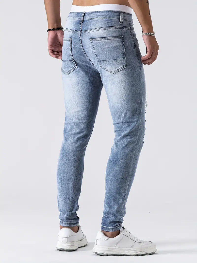 Men's Ripped Skinny Jeans Distressed Denim Dark Blue