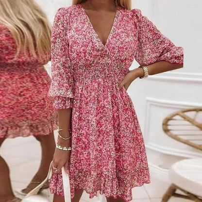 Women's Floral Mini Dress V-Neck Puff Sleeves - VibreMode