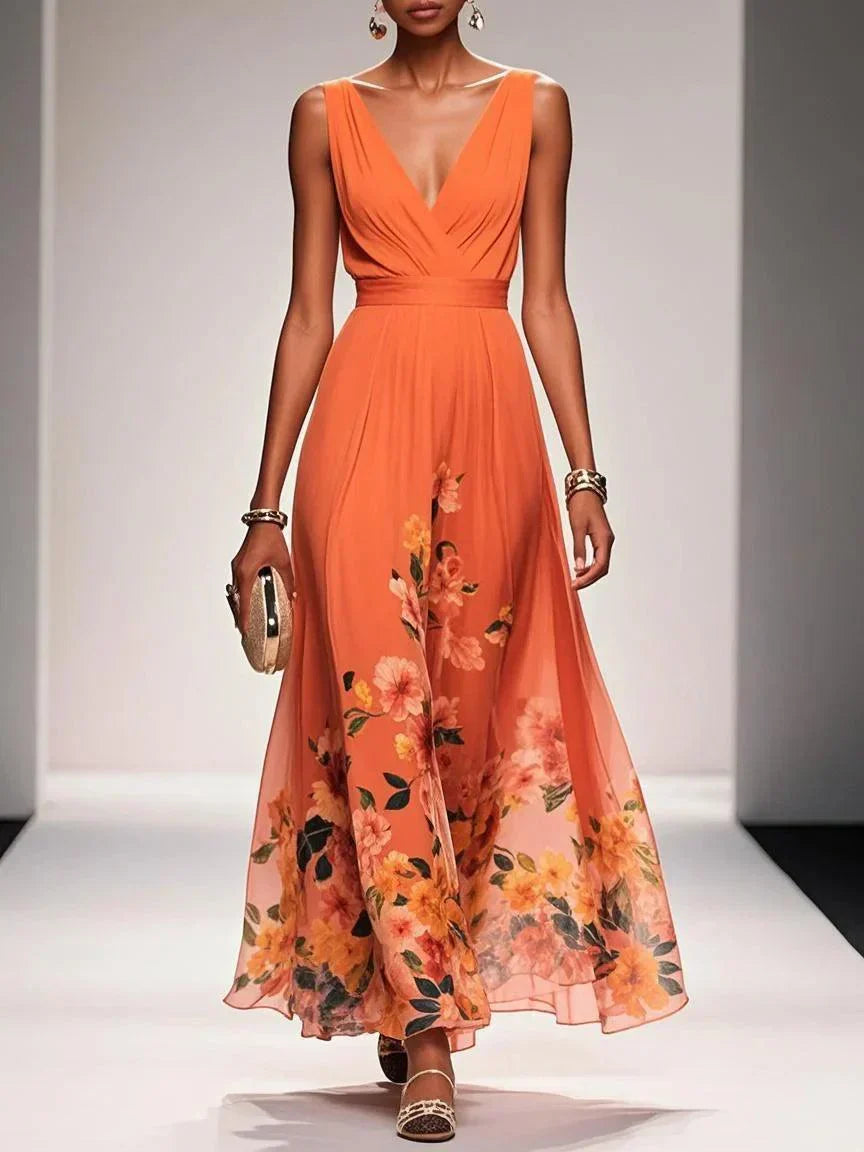 Women's Floral Maxi Dress Sleeveless V-Neck Wide Straps