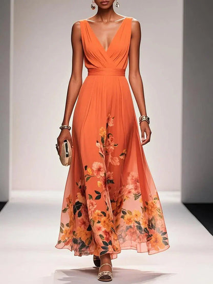 Women's Floral Maxi Dress Sleeveless V-Neck Wide Straps