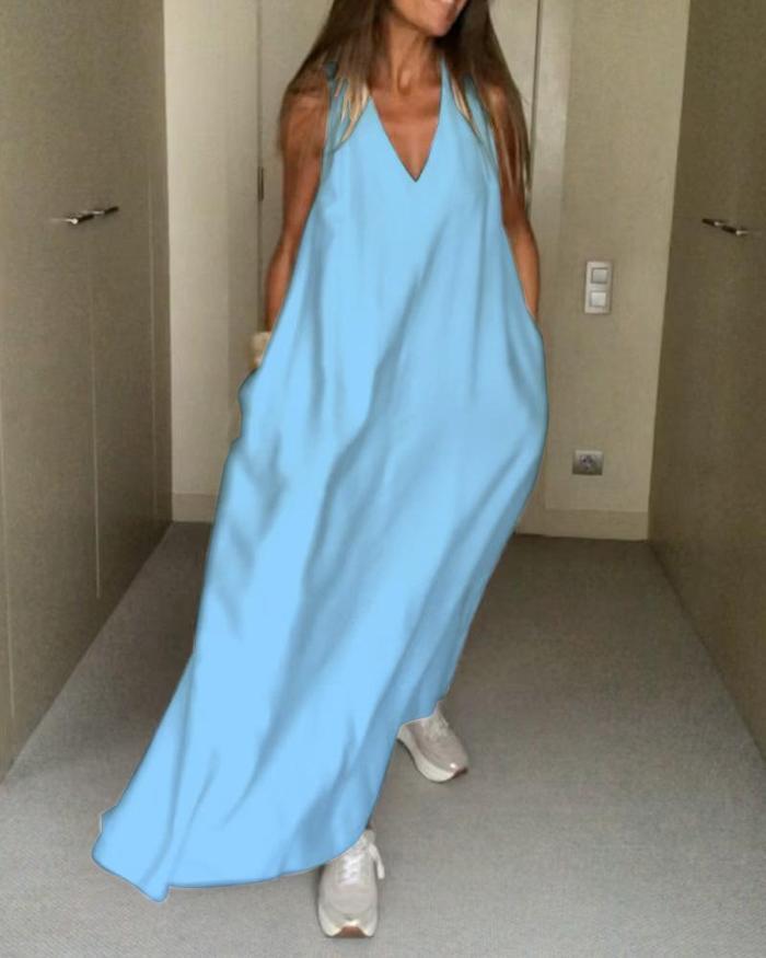 Relaxed Fit V-neck Flowy Long Maxi Dress - VibreMode