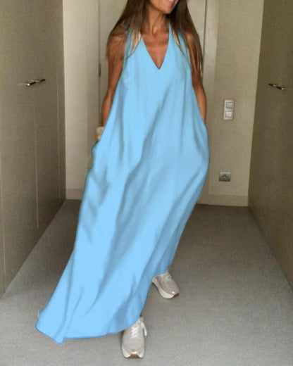 Relaxed Fit V-neck Flowy Long Maxi Dress - VibreMode