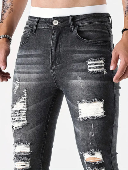 Men's Ripped Skinny Jeans Distressed Denim Dark Blue