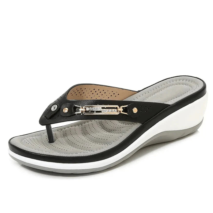 Women's Real Leather Wedge Sandals with Buckle Detail