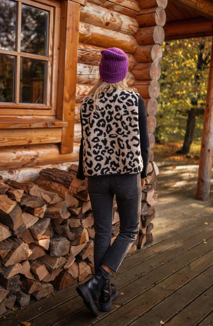 Women's Leopard Print Knit Vest Button Front Sleeveless